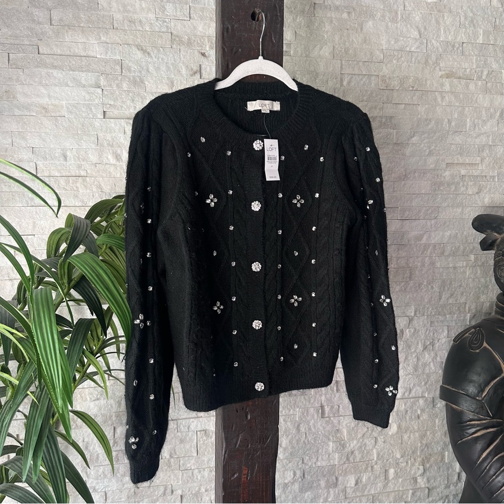 LOFT Black Jeweled Cable Knit Cardigan Size M New with Tags